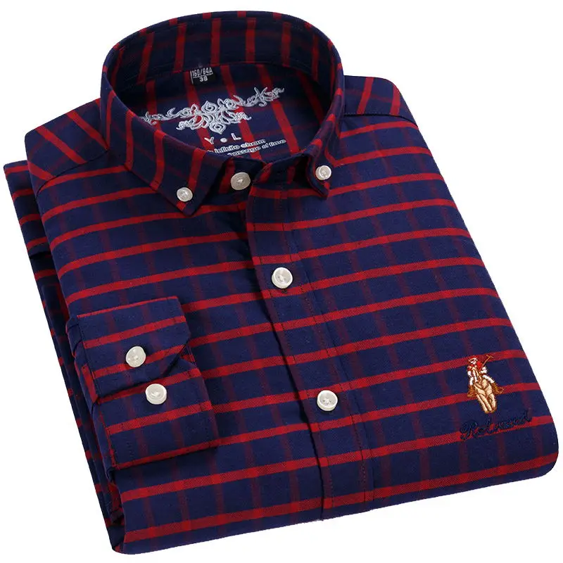 Camisa Masculina 100% Хлопок Клетчатая оксфордская рубашка с левой грудью вышивка умная