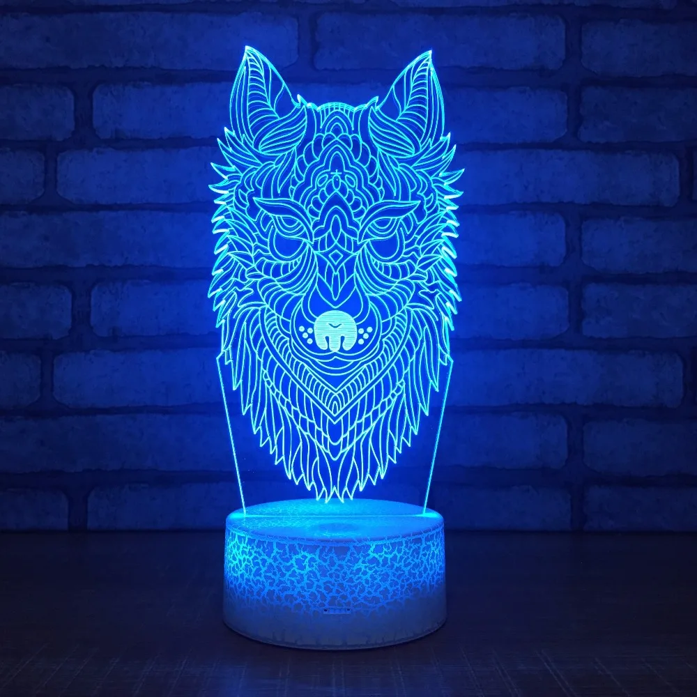 

Wolf Head Acrylic LED 3D Night Light Creative Bedroom Colorful Light 5v RC 7 Color Change Fixture Table Lamp Toy Gift