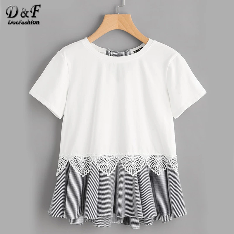 Dotfashion футболка в полоску с бантом и оборкой на подоле г., белый кружевной хлопковый топ, летняя футболка с короткими рукавами и круглым вырезом