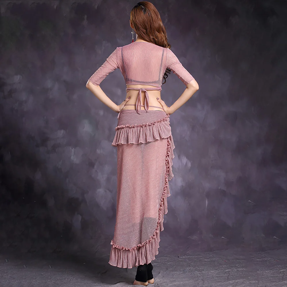 

Popular Belly Dance Suit For Lady Pink Color 2 Pieces(Tops+Skirt)Set Fantasia Women Dancing Skirt Bollywood Stage Costume F7138