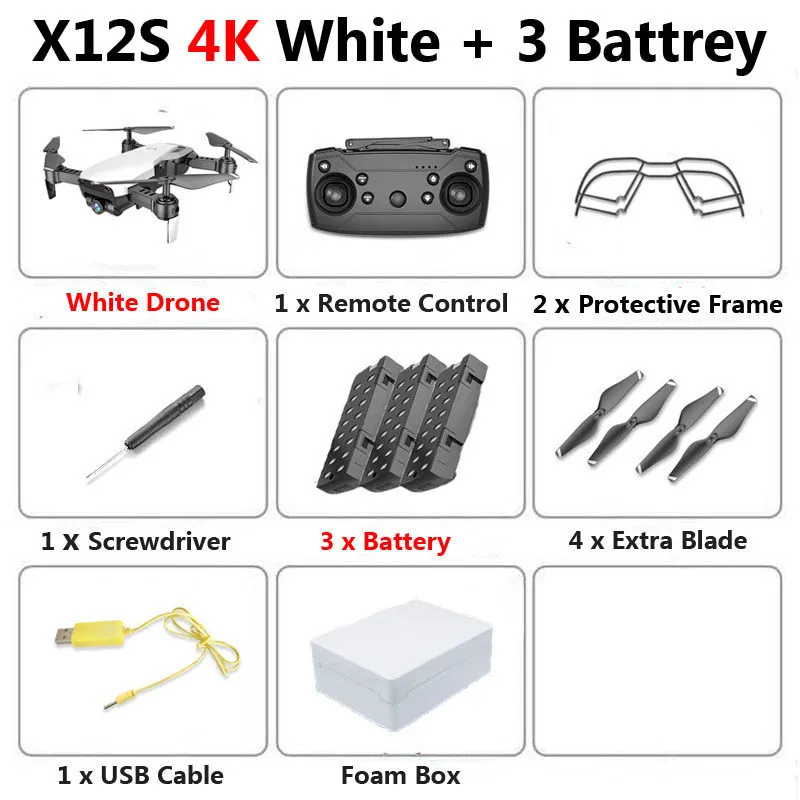 4K White 3B Foam X12S мини складной Дрон с камерой 4K 1080P широкоугольный WiFi FPV удерживающий высоту RC Квадрокоптер Вертолет игрушка SG106 E58 - Цвет: 4K White 3B Foam
