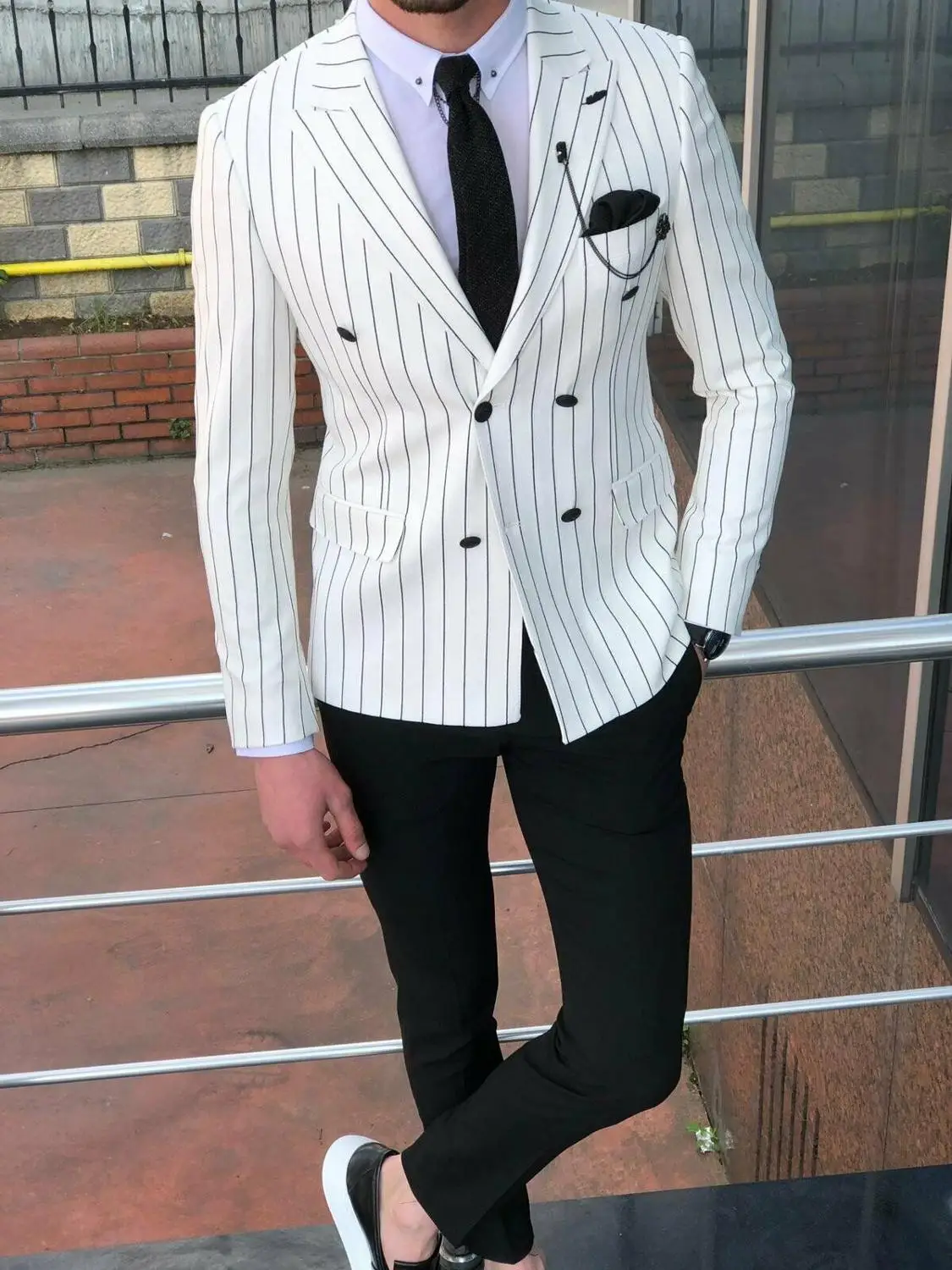 2019 Men's Two Piece Double Breasted Set White Stripe Dress Suits Wedding Suits For Men Tuxedo Gentle Modern Blazer Men Suits