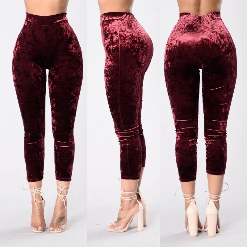 wine red BKLD Новинка, модные однотонные бархатные брюки для женщин, Осень-зима, облегающие брюки с высокой талией, брюки длиной до середины икры, женские штаны - Цвет: wine red