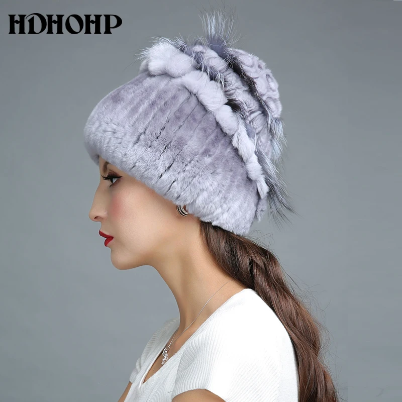 HDHOHR Новинка года зима Настоящее меховая шапка Для женщин из натурального кроличьего меха шапка с Серебряными Лисий Мех вязаные шапочки модные женские туфли меховые шапки