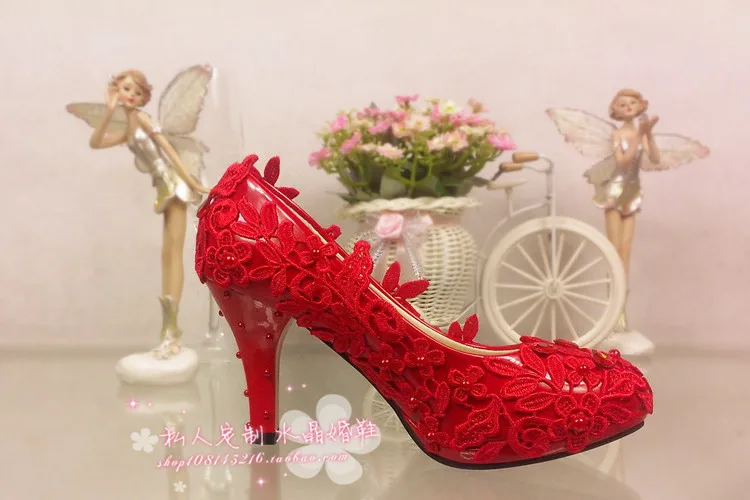 Женские свадебные туфли с кружевом красные туфли-лодочки аппликацией