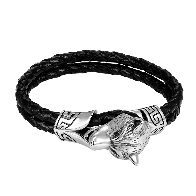 Мужские Двойные плетеные браслеты из настоящей кожи титановой стали с волчьей