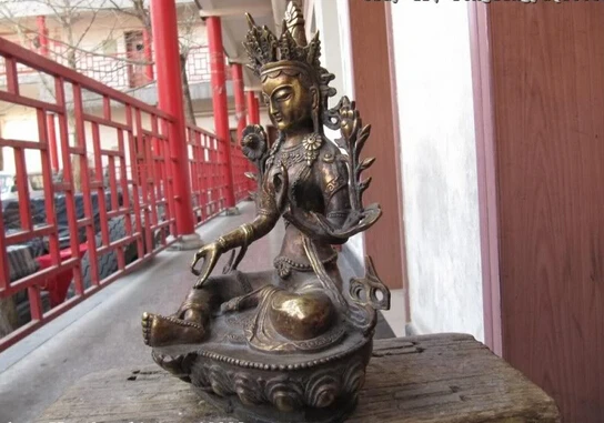 S0299 Тибет Фейн классическая Бронзовый Зеленая Тара падма Гуань Инь Бодхисаттва