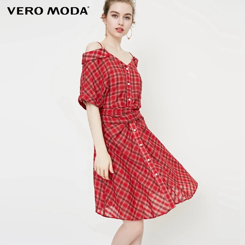 Vero Moda Новое Женское клетчатое платье с открытыми плечами на шнуровке с рукавами 1/2 | 31836W509 - Цвет: Fiesta