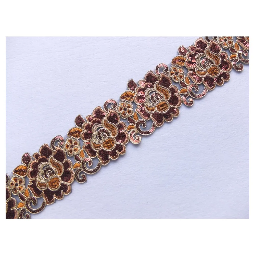 Новая Кружевная аппликация с вышивкой коричневого/золотого цветов блестками