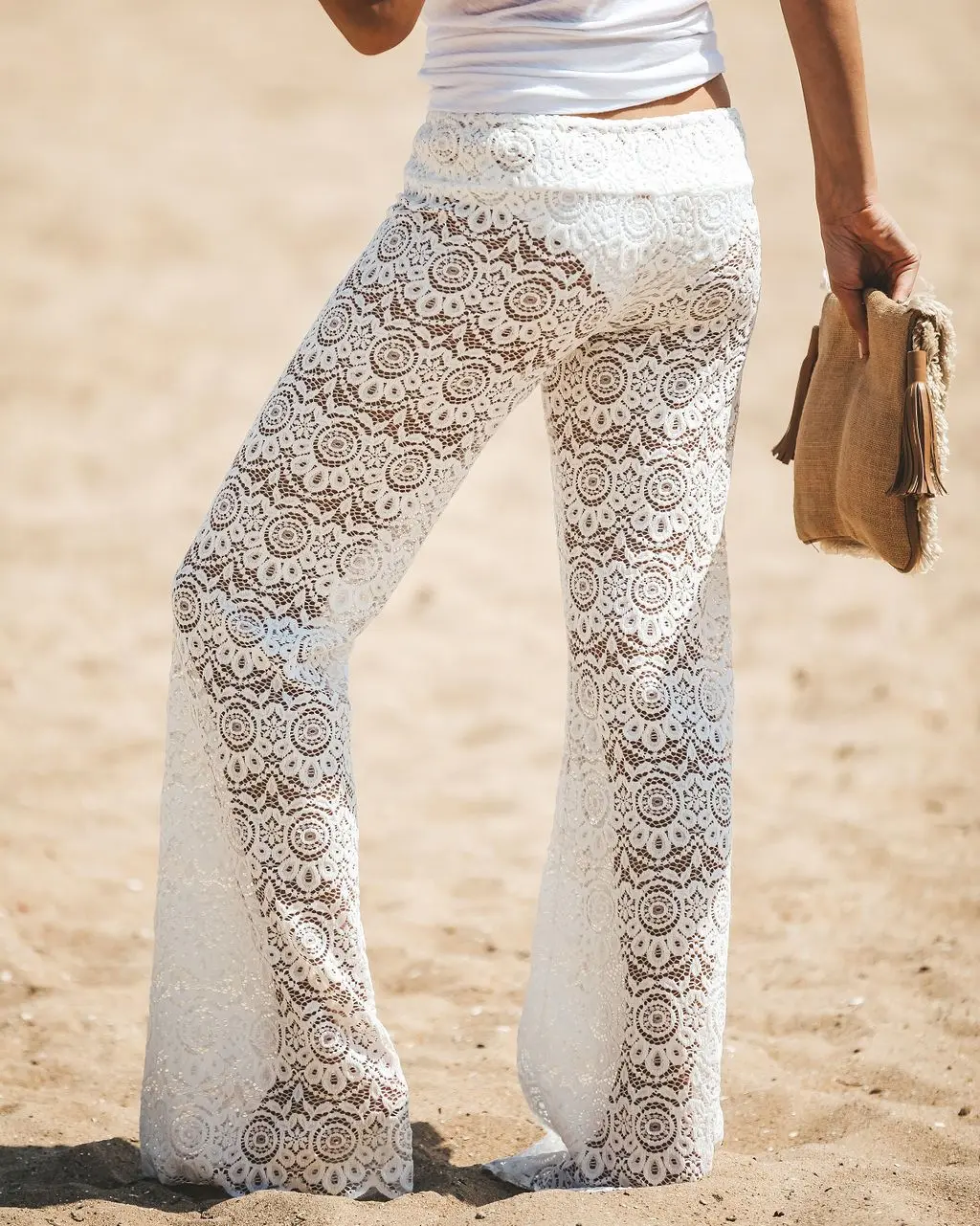 Brand New Women’s Crochet Beach Wide Leg Pants See Through Long Pant Beach Long Trousers Beachwear Female Sun Pant Outfits
