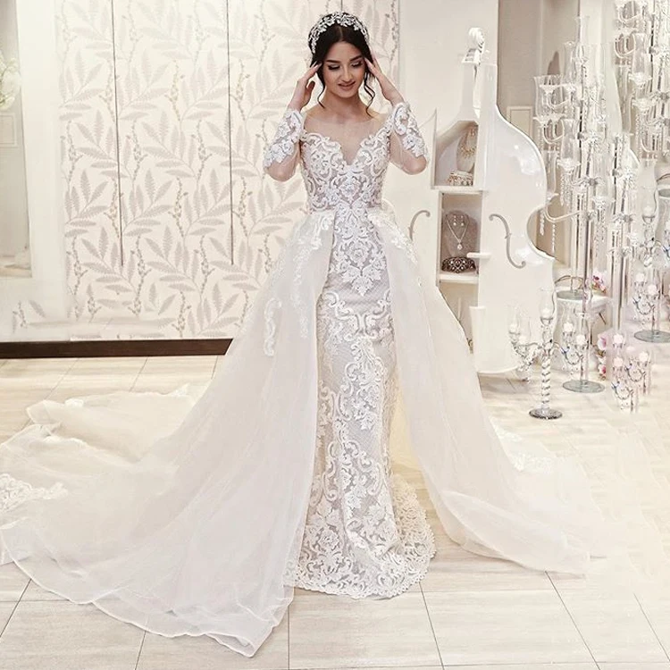 Vestido de noiva с длинным рукавом свадебное платье со съемной Поезд Русалка Sheer шеи Ближний Восток Дубай женские подвенечные платья