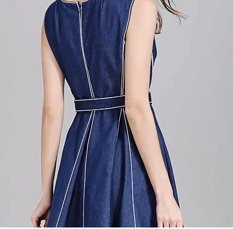 

Summer Fashion Women Sash High Waist Sleeveless Patchwork Striped Slim Denim Dress , Casual Femal Womens Pleated Jeans Dresses