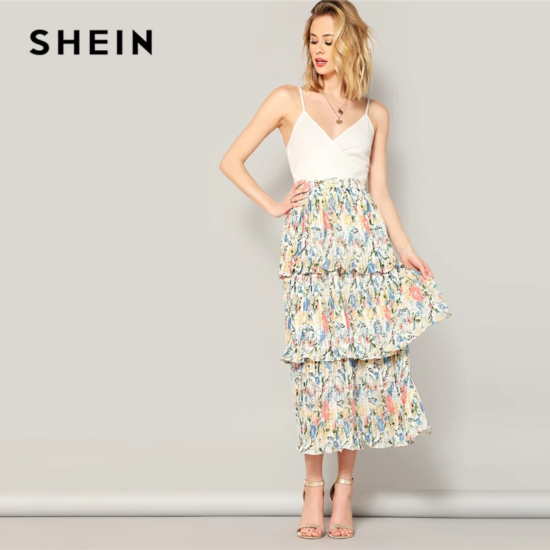 SHEIN Юбка С Оборками И Цветочным Принтом, Летняя Юбка С Эластичной Талией