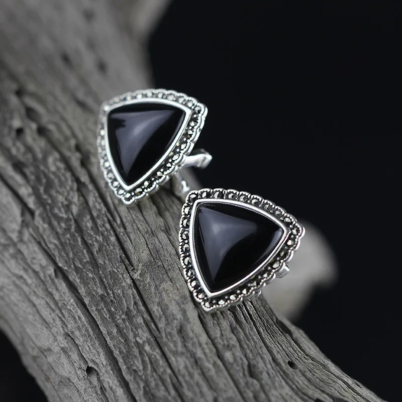 

925 Sterling Silver Natural Agate Stud Earrings For women jewelry National style Vintage Earrings birthday gift