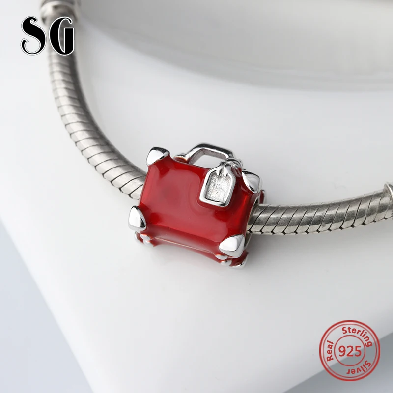 SG 925 Серебряный винтажный чемодан подвески diy дизайн красная эмаль ствол шарик подходит аутентичный pandora браслет ювелирных изделий для женщин подарок