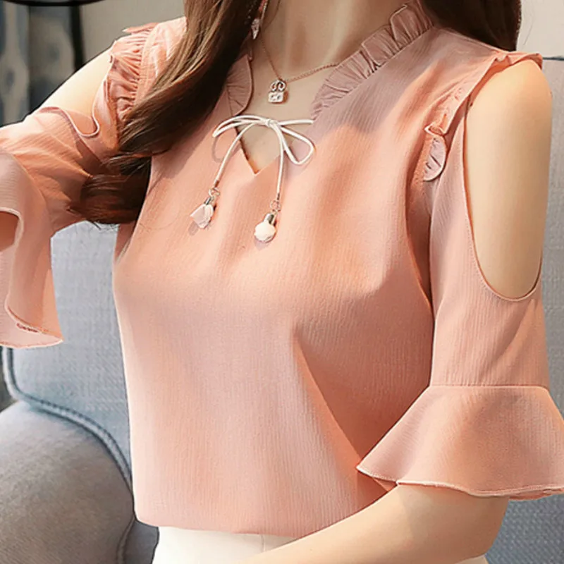 

2019 tops and blouses V-Neck Flare Sleeve Solid Bow Short shirts chiffon blouse