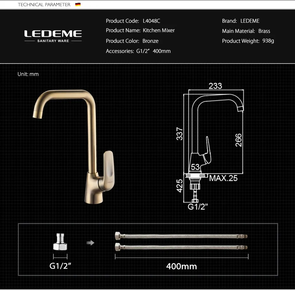 LEDEME Смеситель для кухни высокий с гайкой латунь Цвет: бронзовый L4048C