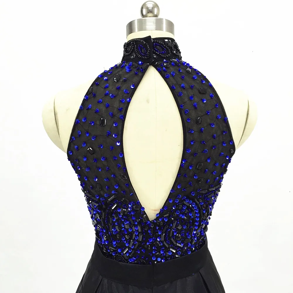 

Crystal Beading Satin Backless Black Prom Dresses 2020 Dubai Arabic A -Line Halter Sequined Long Evening Dresses Robe De Soiree