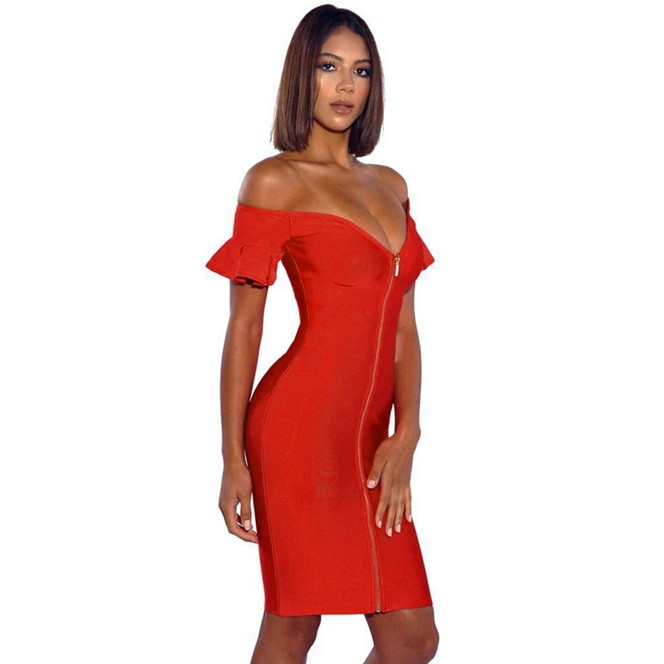 

New Arrival Red Bandage Dress Sheath Bodycon Women Dresses Sexy Deep V Neck Celebrity Party Club Sexy Vestido HL Front Zippers