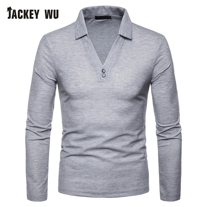 JACKEYWU Мужская рубашка поло Мода v-образный вырез с длинным рукавом футболки хлопок дышащий Тонкий мужской поло черный повседневный Camisa Polo