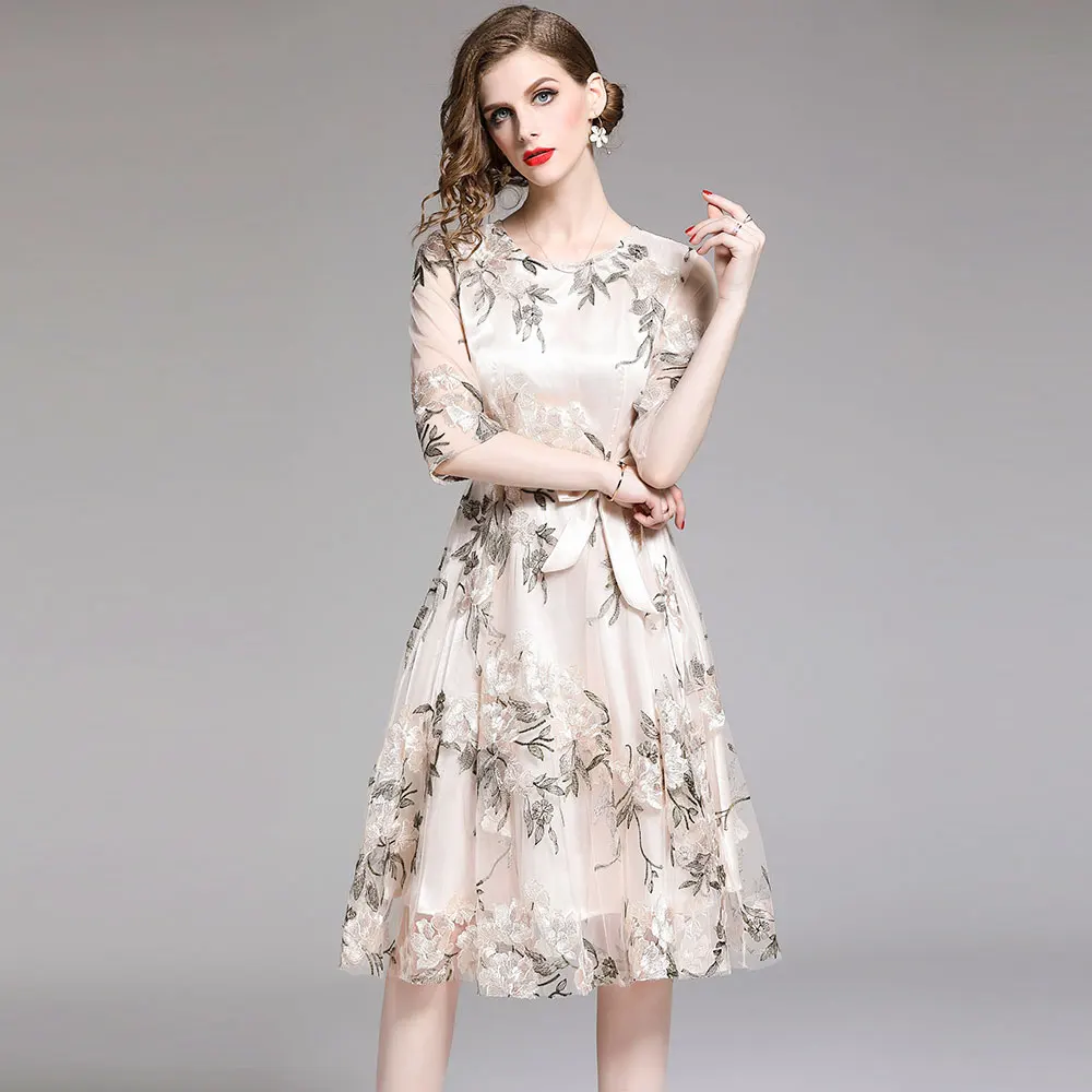 Женское Повседневное платье с цветочной вышивкой модель 2019 года до колен |