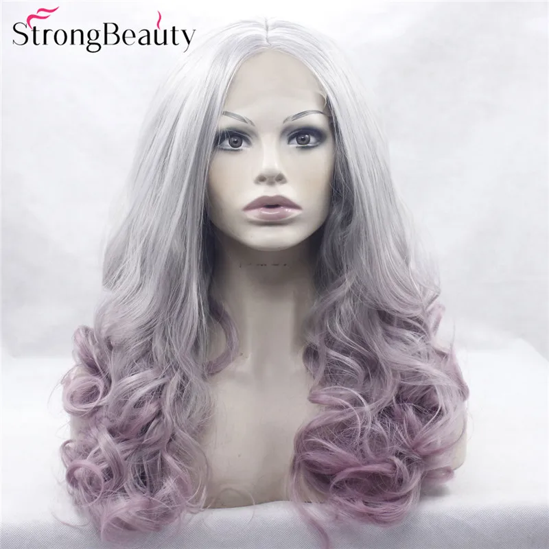 Strongbeauty длинный кудрявый серый парик Синтетический Ombre серебристый розовый/фиолетовый парик на кружеве два тона