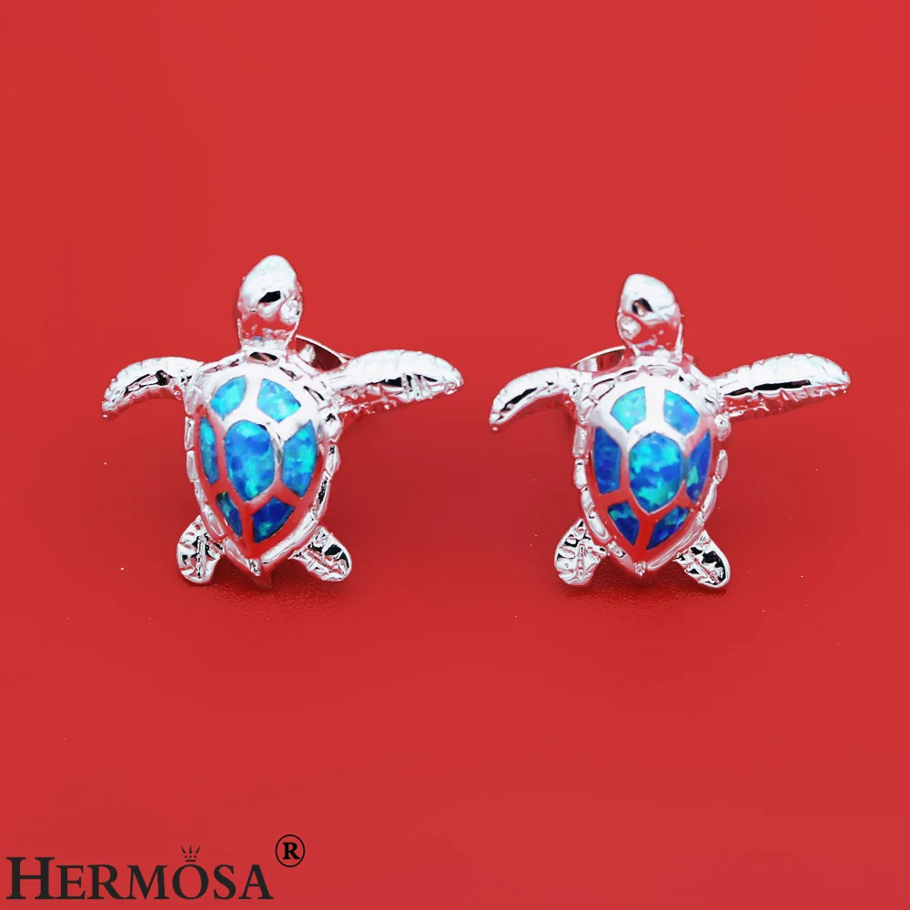 Hermosa Blue Fire Opal морские серьги с дизайном «Черепаха» 925 Стерлинговое Серебро-Сережка-гвоздик ювелирная для женщин Мода женские вечерние праздники