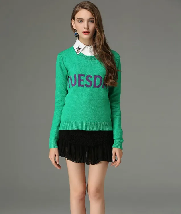 2018 women sweaters and pullovers week letters pattern sweater knitting round neck jumper knitwear | Женская одежда