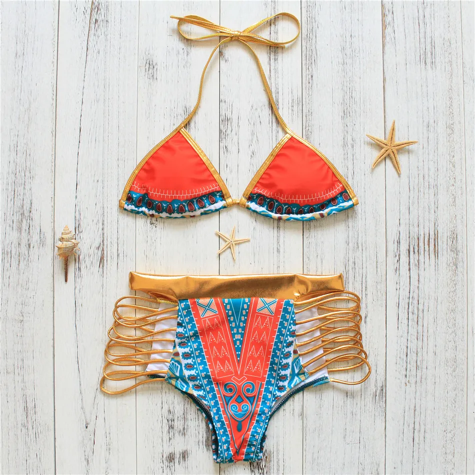 Лоскутное печати на шнуровке принт комплект бикини косточек Лето купальный