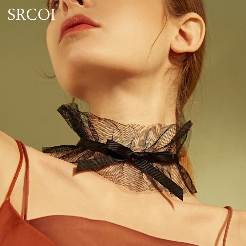 SRCOI Trendy Black White Bow Knot Lace Choker Women Sexy Exaggeration Wide Hollow Gothic Chokers Necklaces For Jewelry | Украшения и