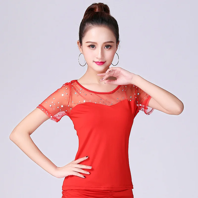 

Latin Dance Practice Blouse Short-sleeve Square Dancing Sequin Jacket Latin Dance Costume Short Sleeve O Neck Suit D0023