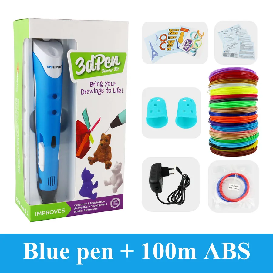 Blue with 100m ABS Myriwell 3d принтер Ручка 1,75 мм ABS 3D печать Ручка для рисования 3D ручки для детей игрушки Рождество подарок на день рождения 3D Ручка - Цвет: Blue with 100m ABS