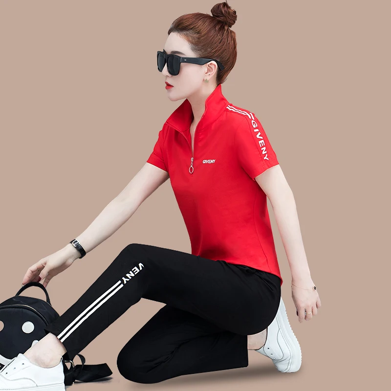 

Trending Products NEW Summer sports suit women Stylish clothes 2 piece set Cotton elegant Womens summer T-shirt + trousers K4601