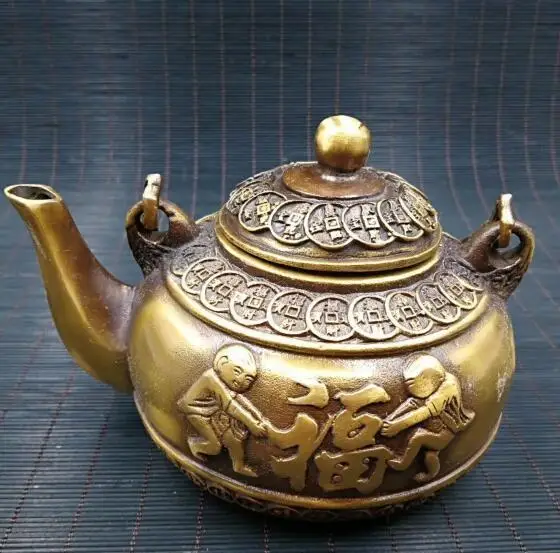 Китайский archaize Arts and crafts Pure brass teaper Чайник a|Статуи и скульптуры| |