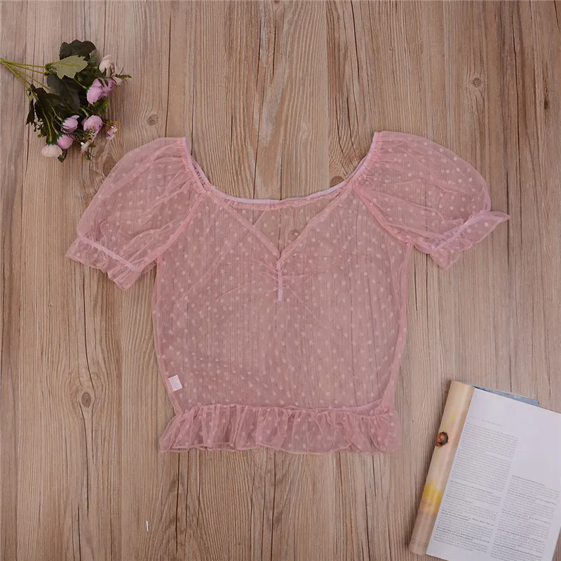 Модные женские блестящие сетчатые кружевные прозрачные укороченные топы с