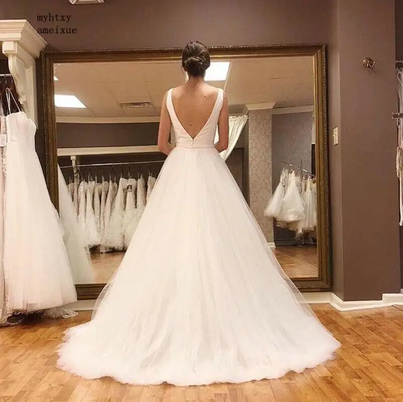 

Robe De Mariee A-line Sexy V Neck Tulle Cheap Beach Boho Wedding Dress 2020 Backless Top Satin Bridal Gown Vestido De Noiva