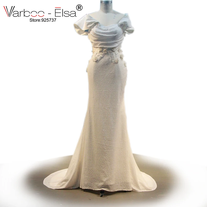 

VARBOO_ELSA Robe White Satin Bling Bling Evening Dresses Cap Sleeve Prom Dress Elegant 3D Appliques Mermaid Evening Dress 2021