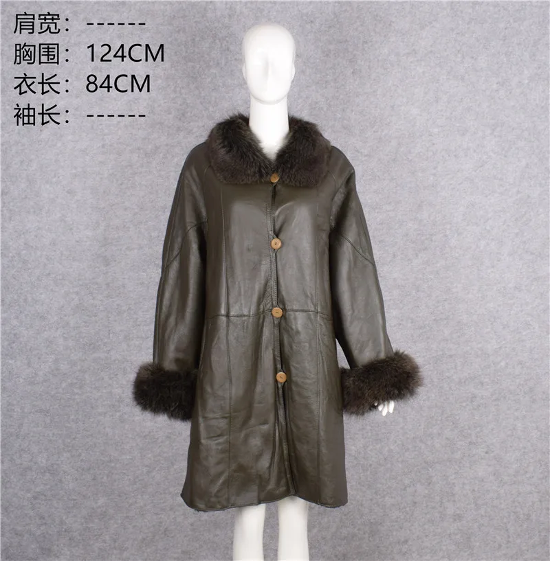 Women's mum big large size clothing genuine sheepskin leather natural woolen cashmere liner jacket fox fur collar green xxxxxxl