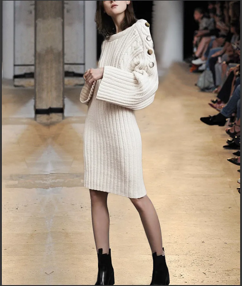 

See Orange Split Striped Wool Knitted White Sweater Dresses For Winter Large Buutons Warm Midi Dress Long Sleeve Pullover Robe