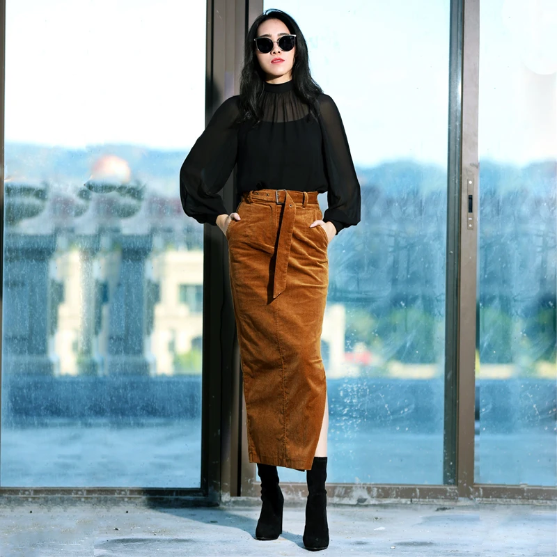 Бесплатная доставка 2018 винтажная Вельветовая облегающая юбка-карандаш с Боковым