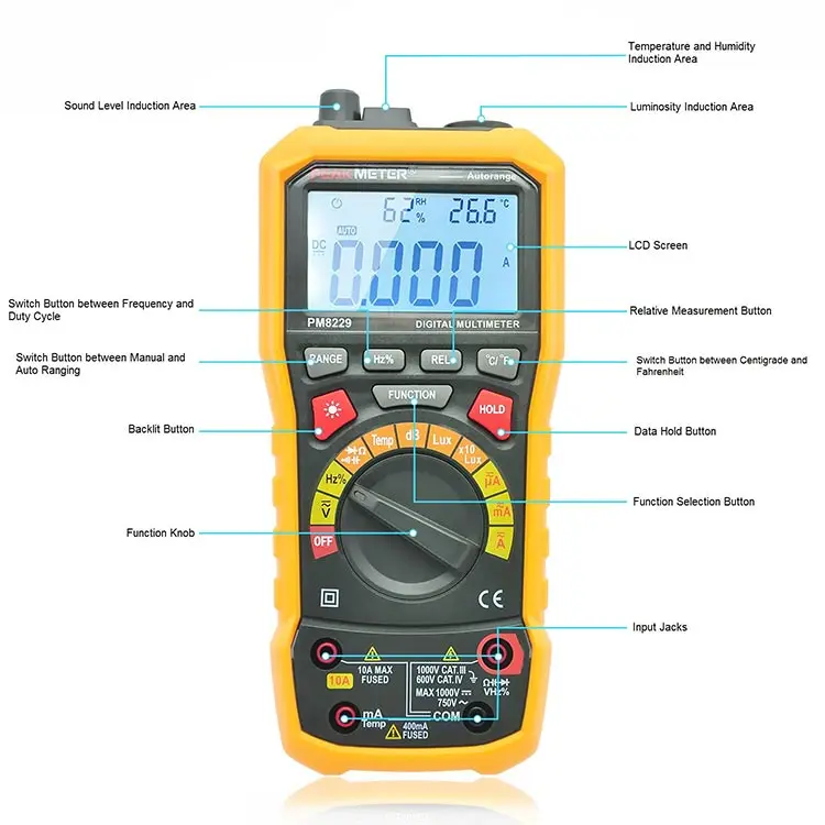 PEAKMETER PM8229 5 в 1 Автоматический цифровой мультиметр с многофункциональным Lux Уровень звука Частота Температура влажность тестер метр
