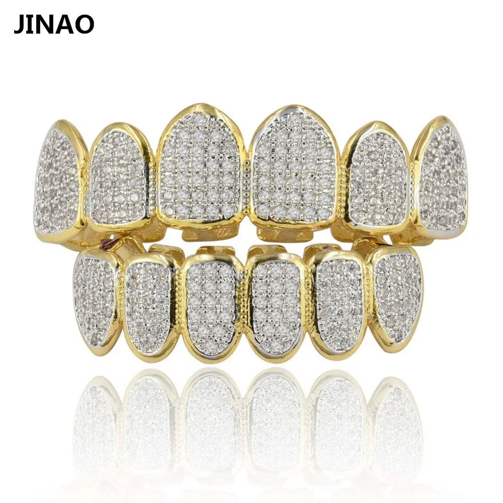 JINAO золото посеребренные хип-хоп ЗУБЫ гриль Все Iced Out CZ камень микро проложили для мужчин n женщин верхней и нижней грили набор Корабль из США