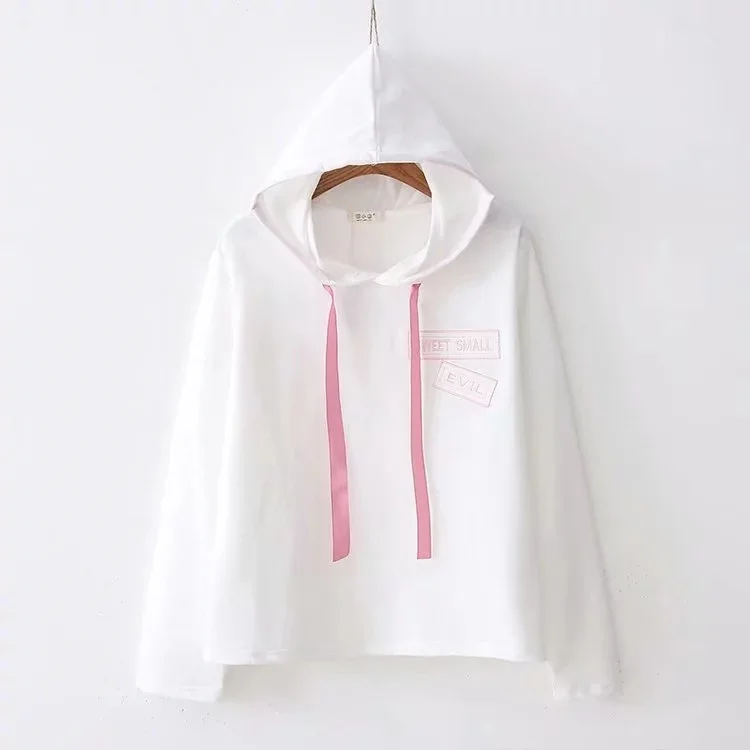 Веселые милые женские толстовки с капюшоном, осень, одноцветные пуловеры с длинным рукавом, женские толстовки с вышитыми буквами в стиле Харадзюку
