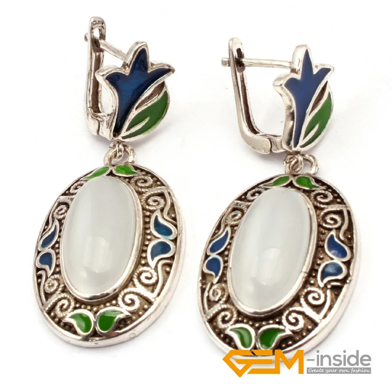 Белый кошачий глаз и перегородка старинное тибетское серебряное кольцо серьги