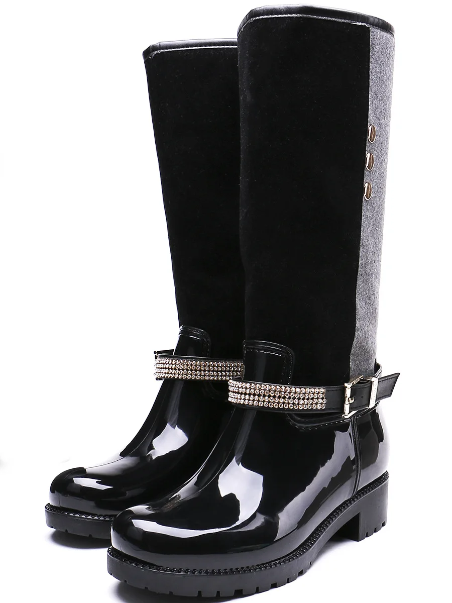 

EXCARGO Woman Rainboots Shoes Keep Warm 2018 Autumn Winter Female Cool Riding Rubber Boots Shoes Lady Rivet Belt Rain Boots 41