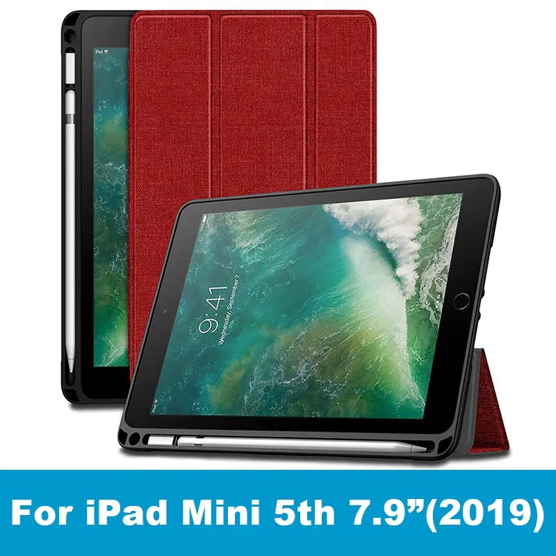 mini 5-Red Чехол для нового iPad mini 5, 7,9 дюйма, дюйма, с держателем карандаша, умный чехол из искусственной кожи, силиконовый чехол с текстурой ткани для iPad mini 4, Funda - Цвет: mini 5-Red