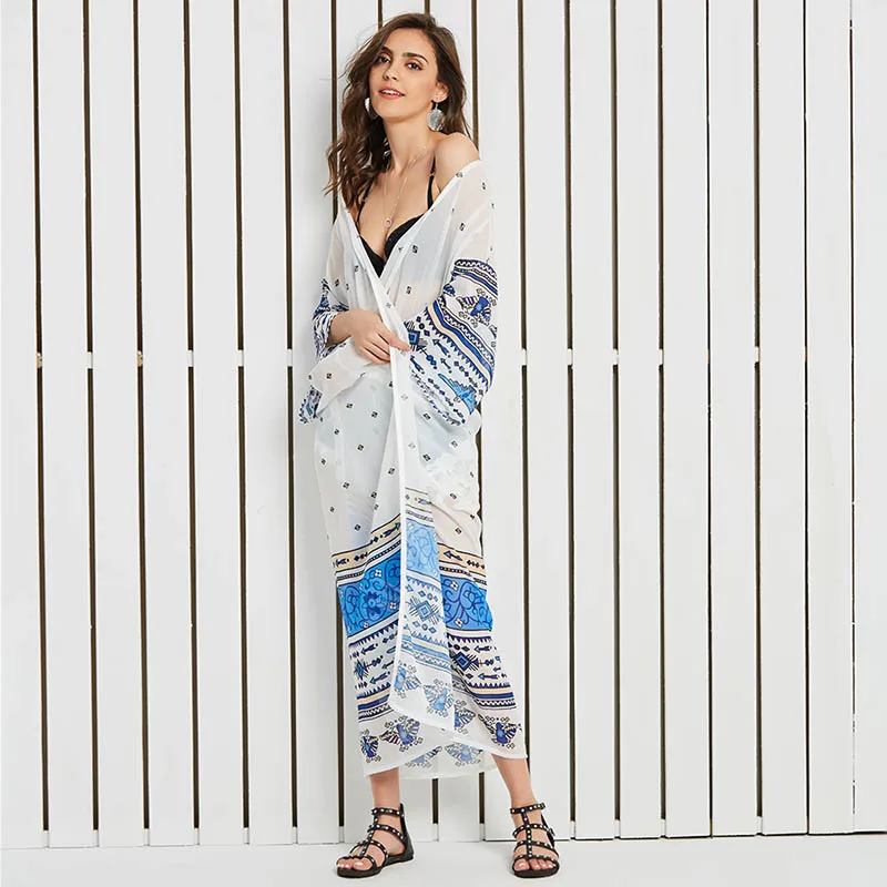 Bohoartist Шифоновая блузка Пляж Boho кимоно кардиган градиент рампы с геометрическим