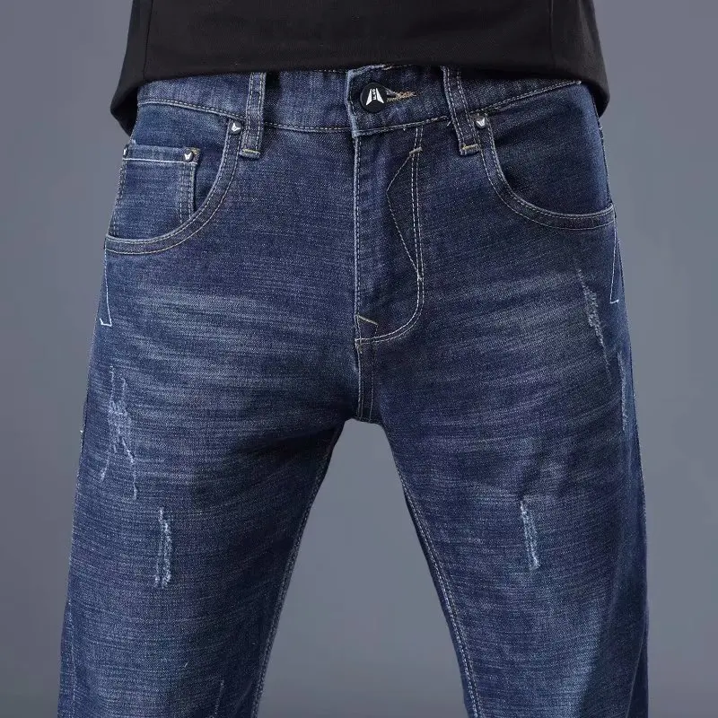 

Повседневные брюки, мужские брюки, хлопковые джинсы, мужские свободные джинсовые брюки, мужские облегающие царапинные темно-синие длинные ...