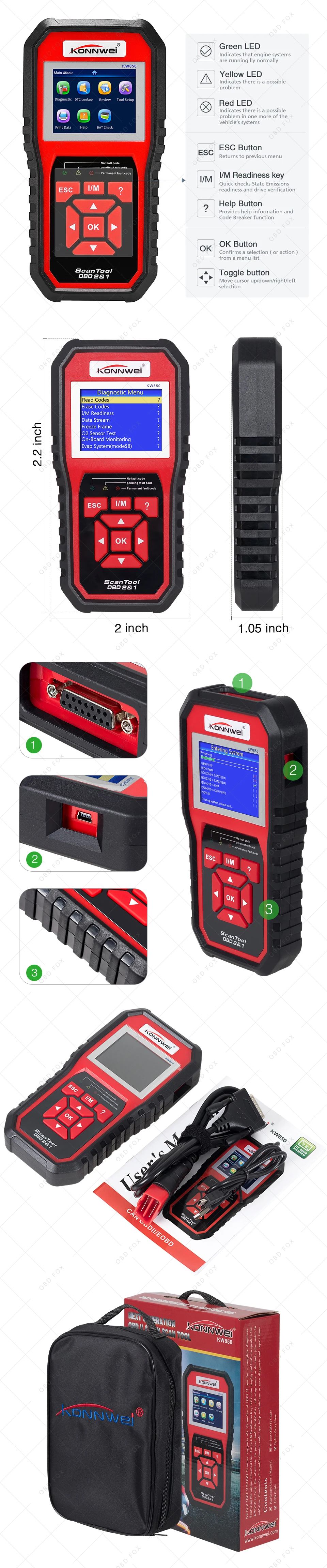 KONNWEI KW850 obd2 сканер Многоязычный Полный OBD 2 Функция Авто диагностический инструмент кВт 850 лучше, чем autel AL519 NX501 AD310