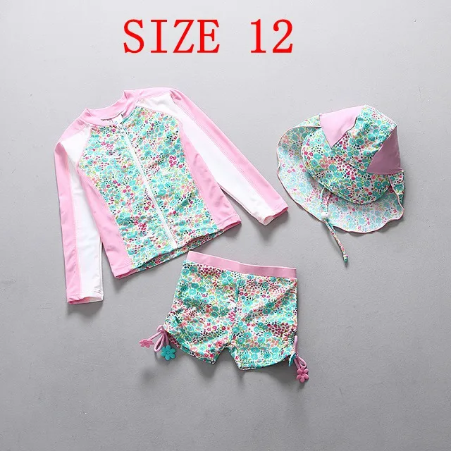 SIZE 12 (125-140CM) От 1 до 14 лет купальный костюм для девочек с цветочным принтом; Детский комплект из двух предметов; купальный костюм для девочек с длинными рукавами и защитой от солнца на молнии - Цвет: SIZE 12 (125-140CM)